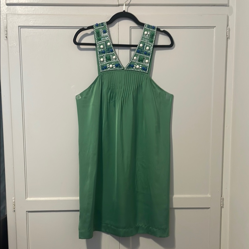 BCBG Halter Silk Dress with Embellished Straps